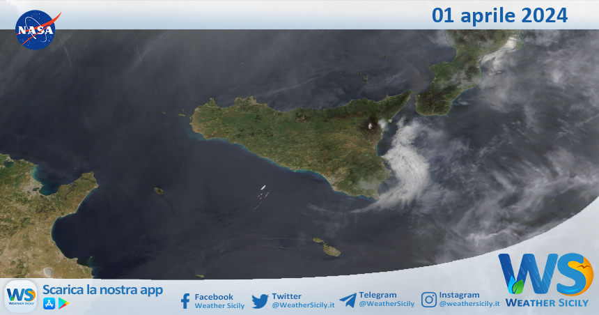 Meteo Sicilia: immagine satellitare Nasa di lunedì 01 aprile 2024