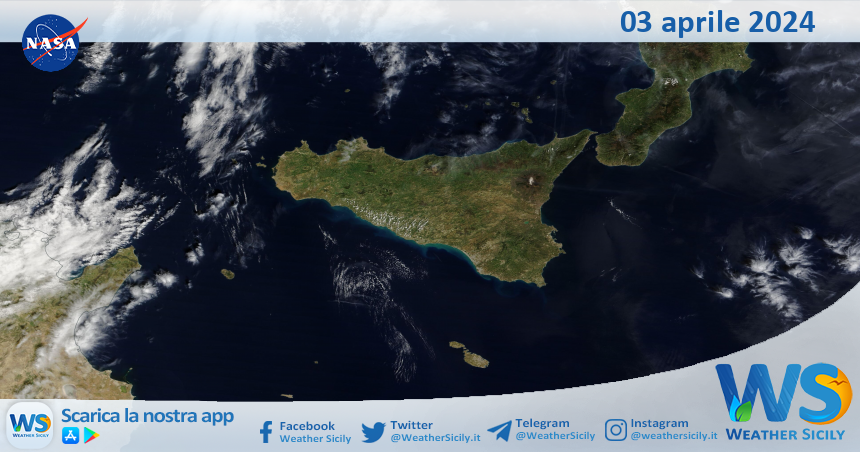 Meteo Sicilia: immagine satellitare Nasa di mercoledì 03 aprile 2024