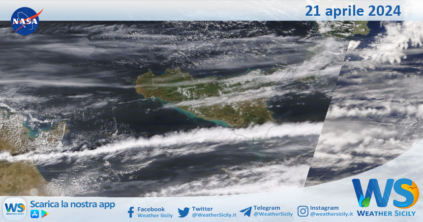 Meteo Sicilia: immagine satellitare Nasa di domenica 21 aprile 2024
