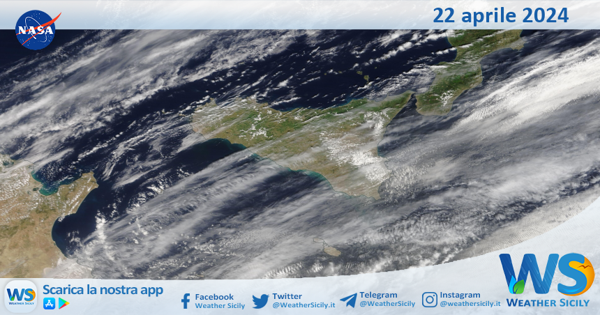 Meteo Sicilia: immagine satellitare Nasa di lunedì 22 aprile 2024