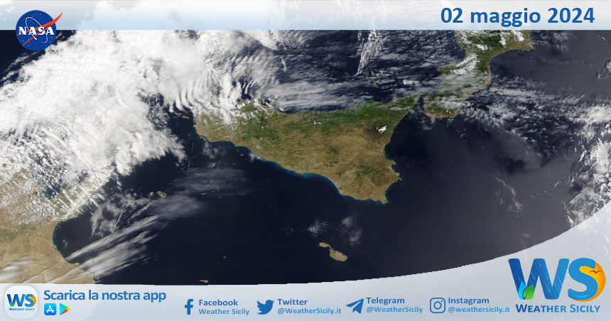 Meteo Sicilia: immagine satellitare Nasa di giovedì 02 maggio 2024