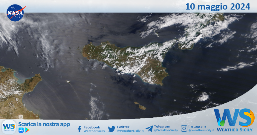 Meteo Sicilia: immagine satellitare Nasa di venerdì 10 maggio 2024