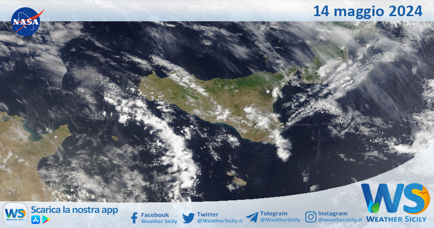 Meteo Sicilia: immagine satellitare Nasa di martedì 14 maggio 2024