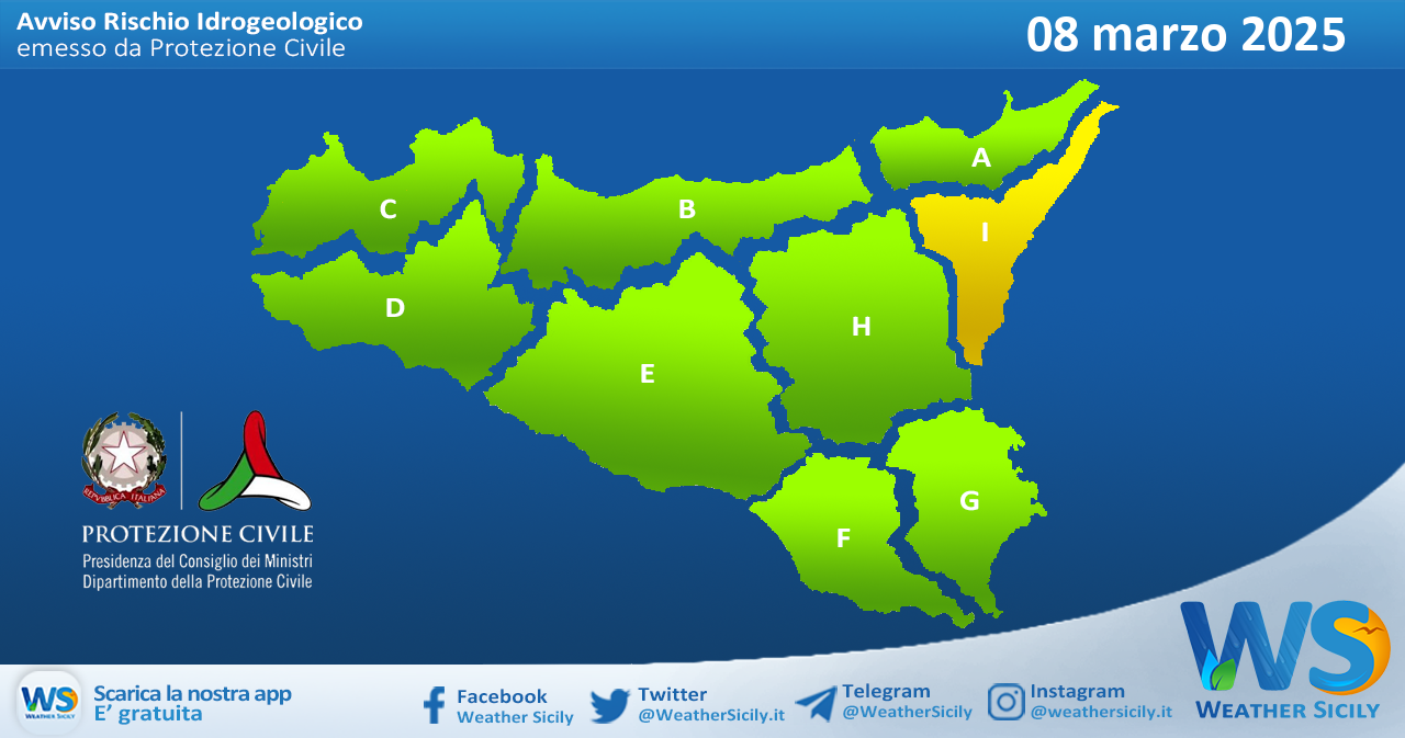 Meteo Sicilia: bollettino di allerta meteo per domani, sabato 08 marzo 2025