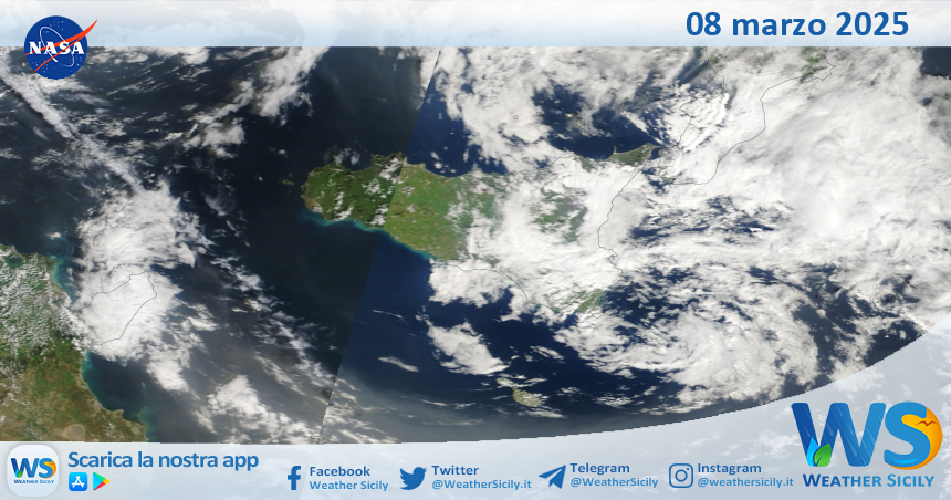 Meteo Sicilia: immagine satellitare Nasa di sabato 08 marzo 2025