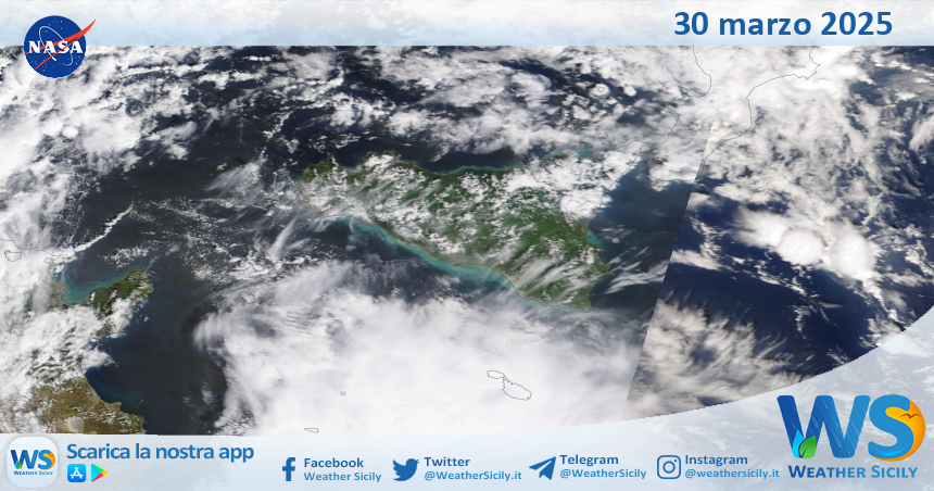 Meteo Sicilia: immagine satellitare Nasa di domenica 30 marzo 2025