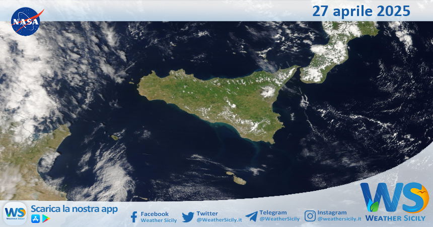 Meteo Sicilia: immagine satellitare Nasa di domenica 27 aprile 2025