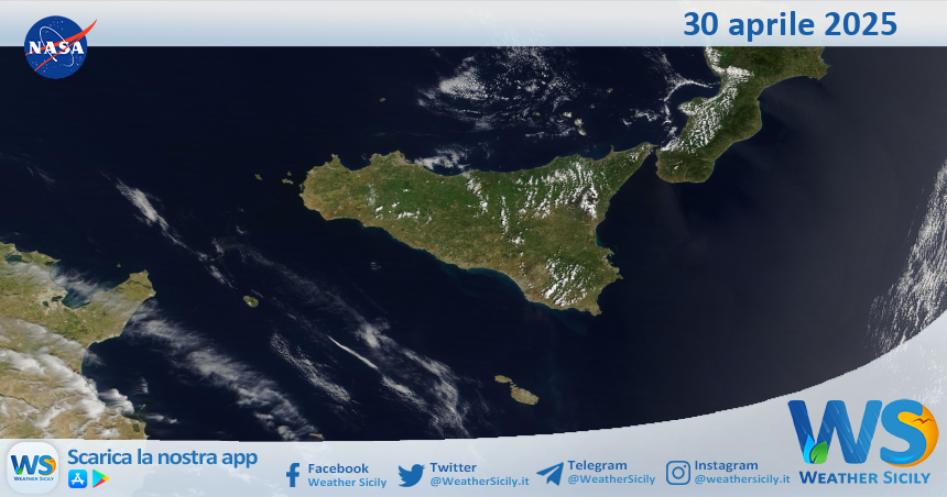 Meteo Sicilia: immagine satellitare Nasa di mercoledì 30 aprile 2025