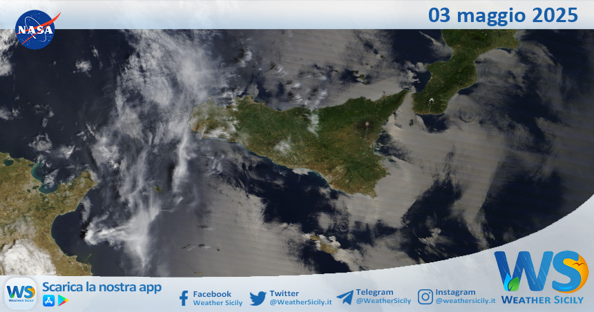 Meteo Sicilia: immagine satellitare Nasa di sabato 03 maggio 2025