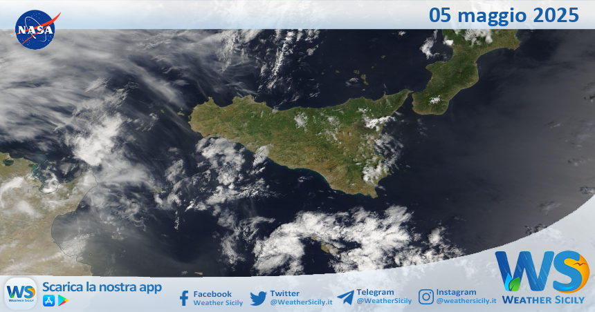 Meteo Sicilia: immagine satellitare Nasa di lunedì 05 maggio 2025