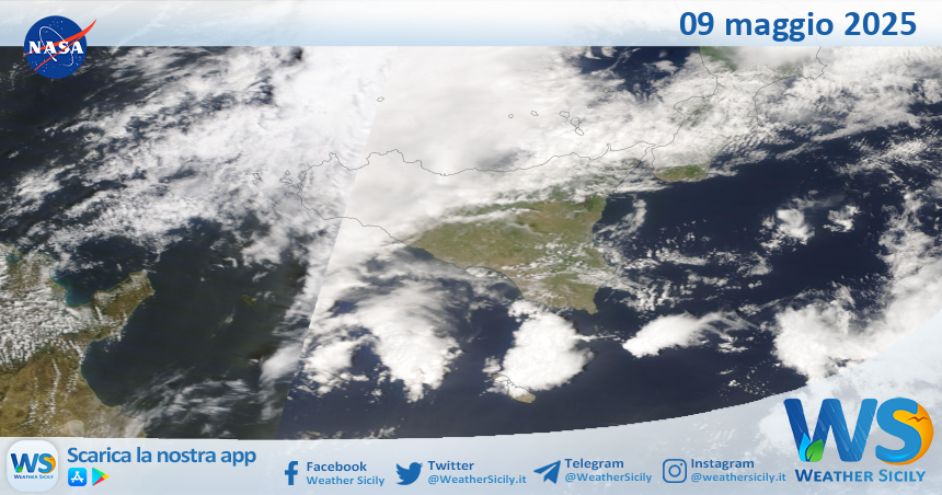 Meteo Sicilia: immagine satellitare Nasa di venerdì 09 maggio 2025