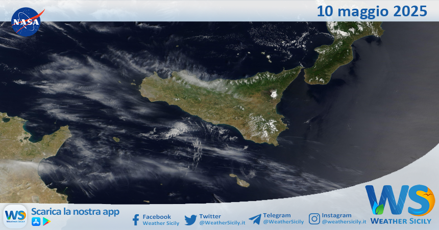 Meteo Sicilia: immagine satellitare Nasa di sabato 10 maggio 2025