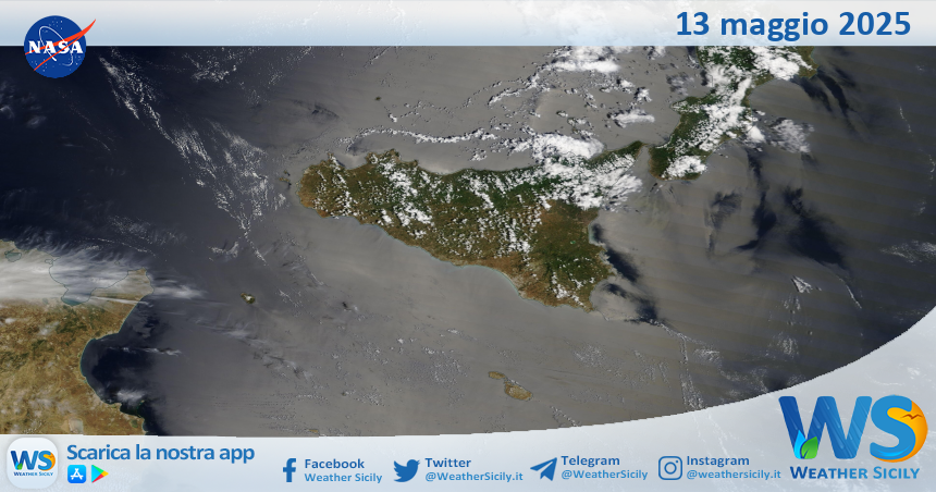 Meteo Sicilia: immagine satellitare Nasa di martedì 13 maggio 2025