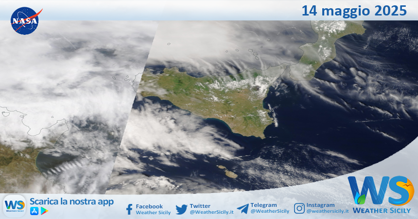 Meteo Sicilia: immagine satellitare Nasa di mercoledì 14 maggio 2025