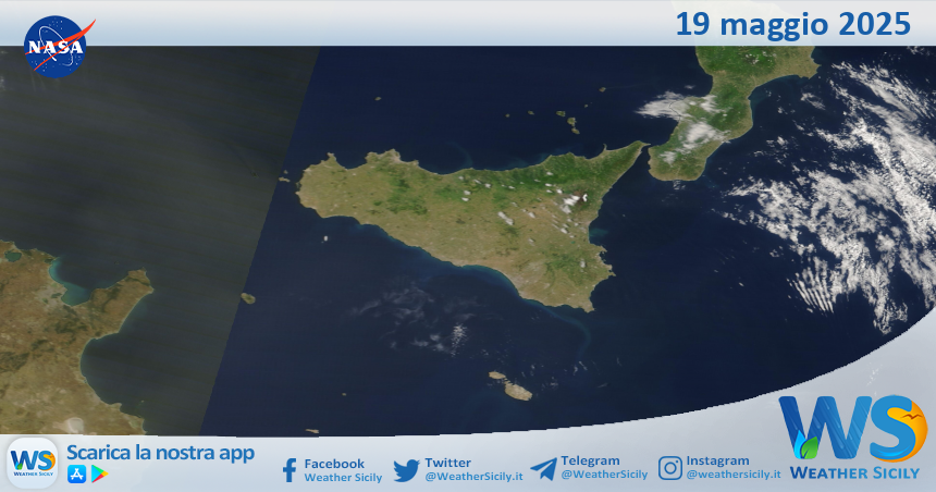 Meteo Sicilia: immagine satellitare Nasa di lunedì 19 maggio 2025