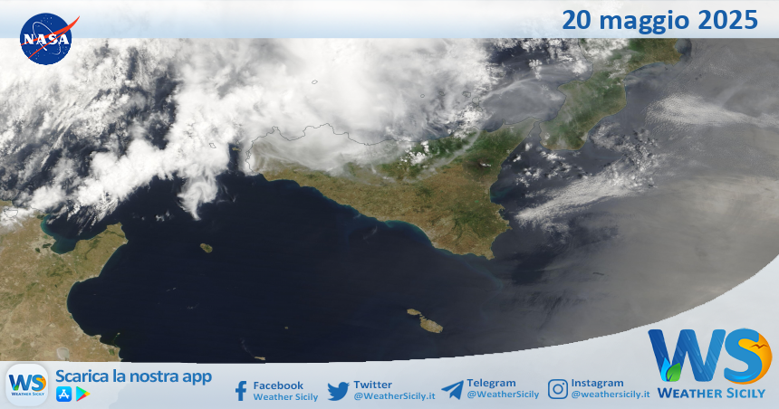 Meteo Sicilia: immagine satellitare Nasa di martedì 20 maggio 2025