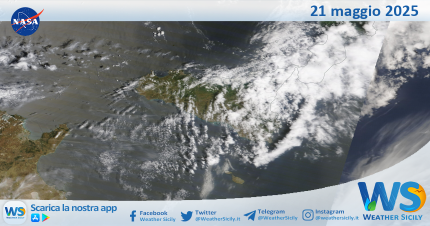 Meteo Sicilia: immagine satellitare Nasa di mercoledì 21 maggio 2025