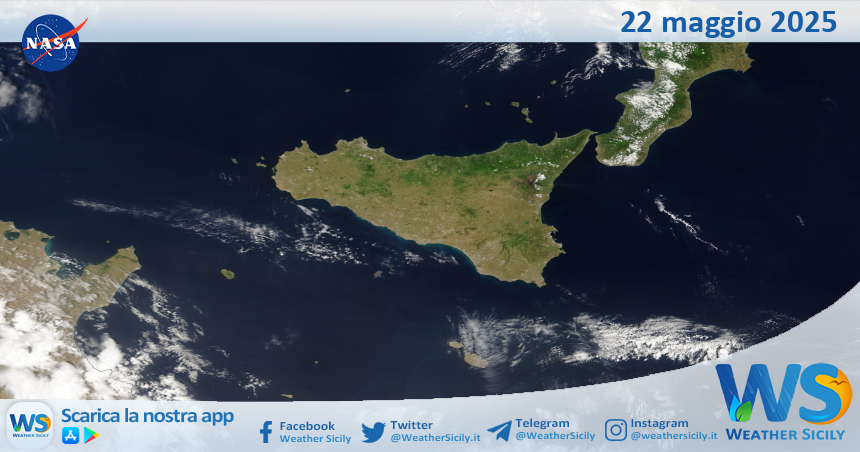 Meteo Sicilia: immagine satellitare Nasa di giovedì 22 maggio 2025