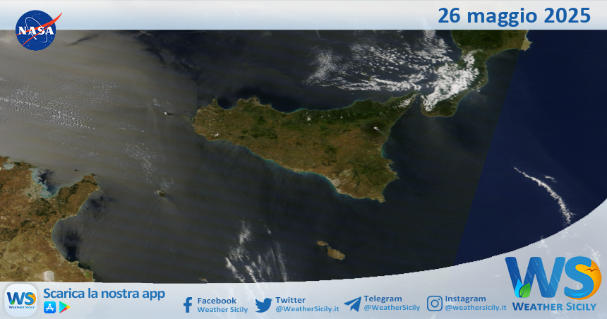 Meteo Sicilia: immagine satellitare Nasa di lunedì 26 maggio 2025
