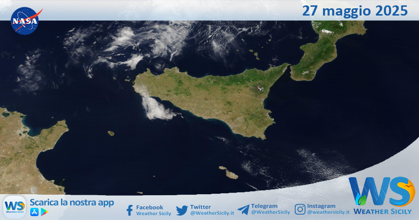 Meteo Sicilia: immagine satellitare Nasa di martedì 27 maggio 2025