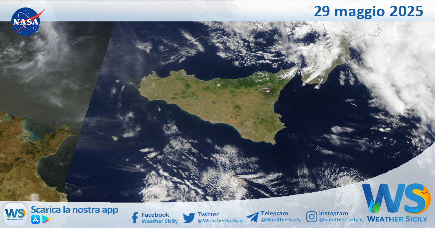 Meteo Sicilia: immagine satellitare Nasa di giovedì 29 maggio 2025