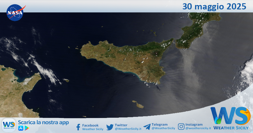 Meteo Sicilia: immagine satellitare Nasa di venerdì 30 maggio 2025