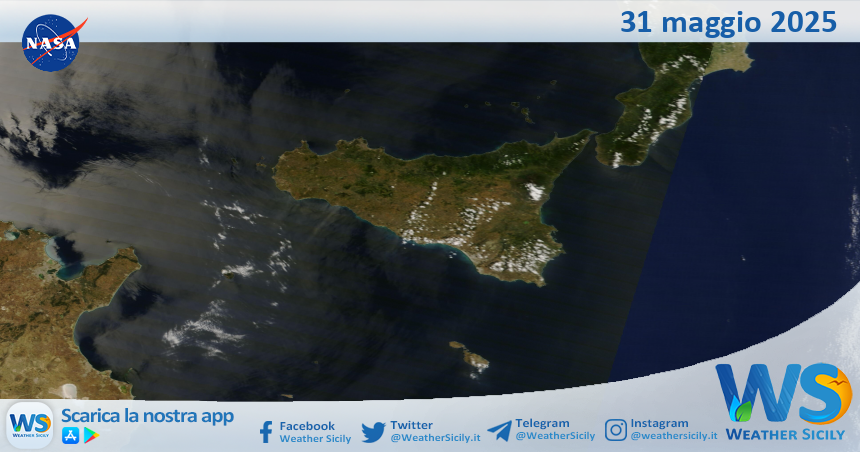 Meteo Sicilia: immagine satellitare Nasa di sabato 31 maggio 2025