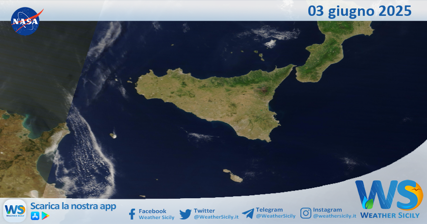 Meteo Sicilia: immagine satellitare Nasa di martedì 03 giugno 2025