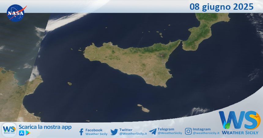 Meteo Sicilia: immagine satellitare Nasa di domenica 08 giugno 2025