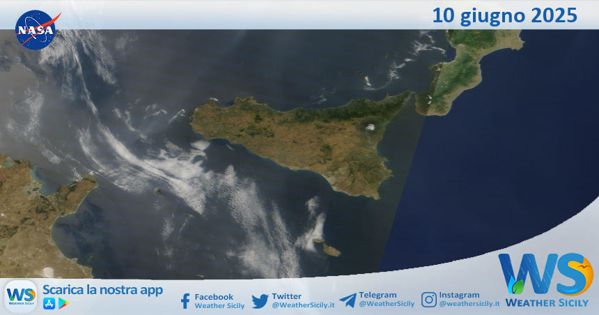 Meteo Sicilia: immagine satellitare Nasa di martedì 10 giugno 2025