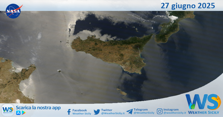 Meteo Sicilia: immagine satellitare Nasa di venerdì 27 giugno 2025