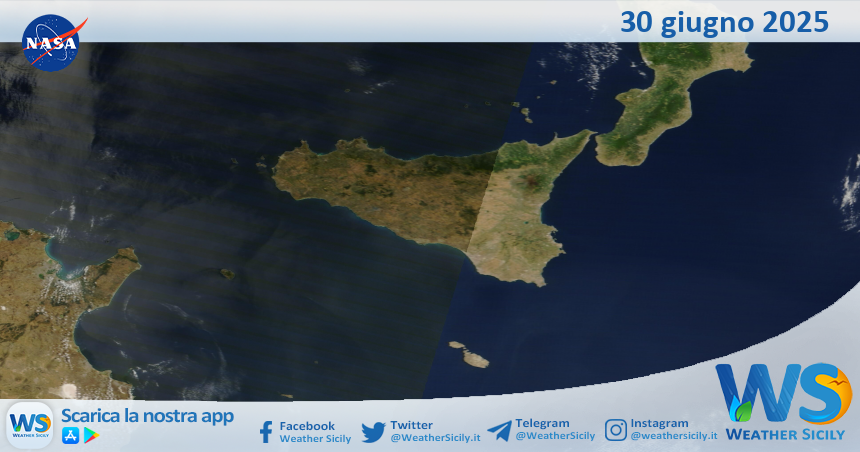 Meteo Sicilia: immagine satellitare Nasa di lunedì 30 giugno 2025