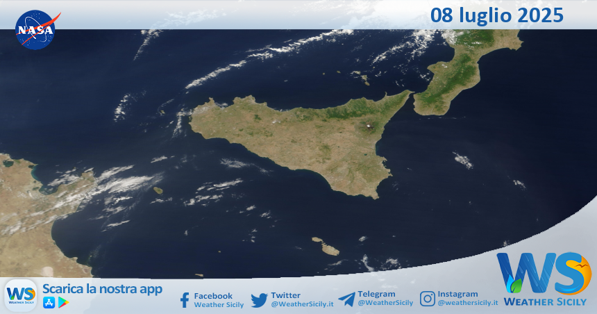 Meteo Sicilia: immagine satellitare Nasa di martedì 08 luglio 2025