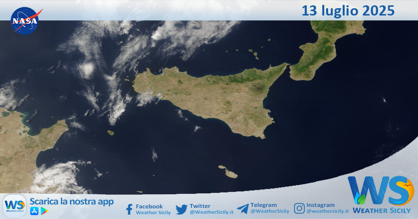 Meteo Sicilia: immagine satellitare Nasa di domenica 13 luglio 2025