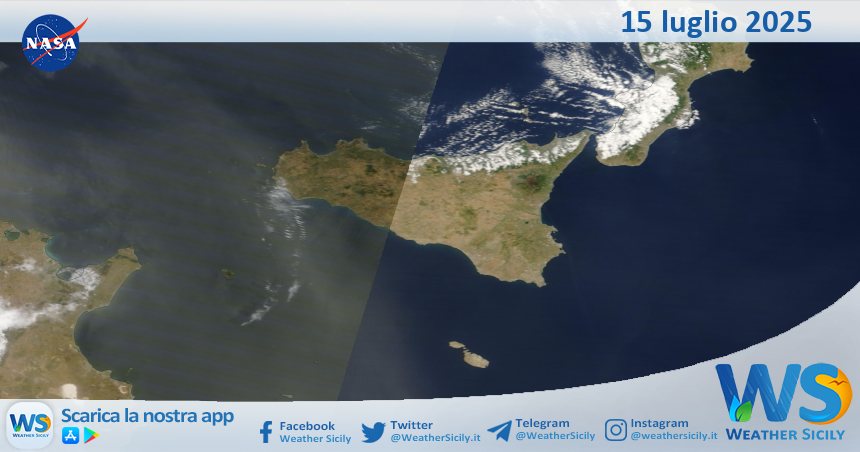 Meteo Sicilia: immagine satellitare Nasa di martedì 15 luglio 2025