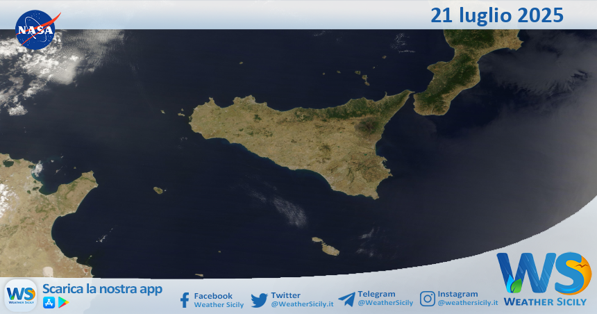 Meteo Sicilia: immagine satellitare Nasa di lunedì 21 luglio 2025