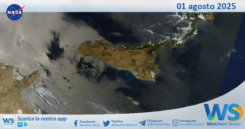 Meteo Sicilia: immagine satellitare Nasa di venerdì 01 agosto 2025