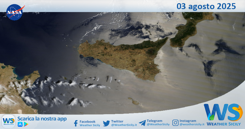 Meteo Sicilia: immagine satellitare Nasa di domenica 03 agosto 2025