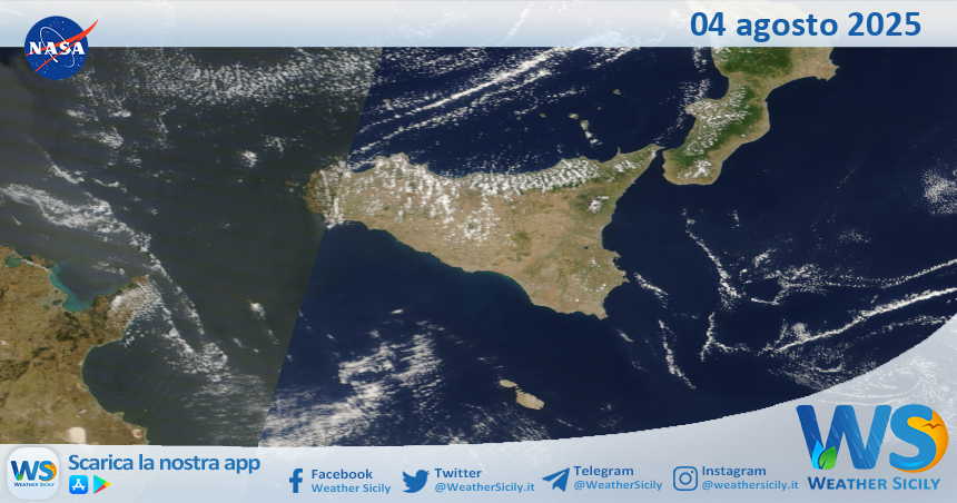 Meteo Sicilia: immagine satellitare Nasa di lunedì 04 agosto 2025