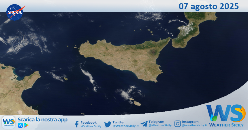 Meteo Sicilia: immagine satellitare Nasa di giovedì 07 agosto 2025