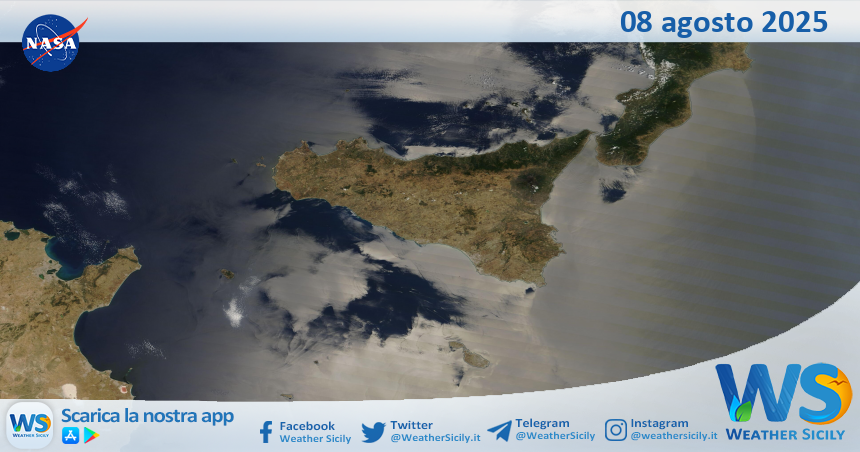 Meteo Sicilia: immagine satellitare Nasa di venerdì 08 agosto 2025