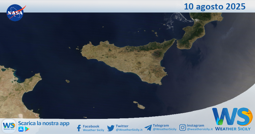 Meteo Sicilia: immagine satellitare Nasa di domenica 10 agosto 2025