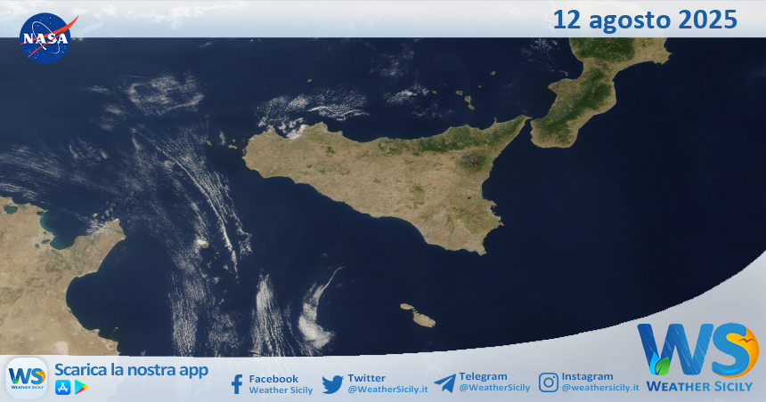 Meteo Sicilia: immagine satellitare Nasa di martedì 12 agosto 2025