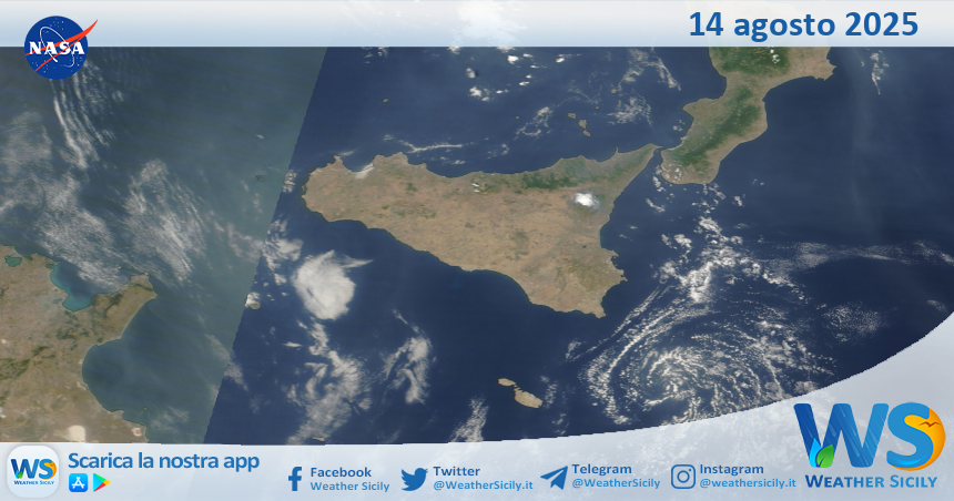 Meteo Sicilia: immagine satellitare Nasa di giovedì 14 agosto 2025