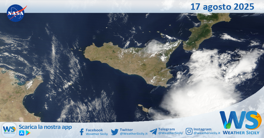 Meteo Sicilia: immagine satellitare Nasa di domenica 17 agosto 2025