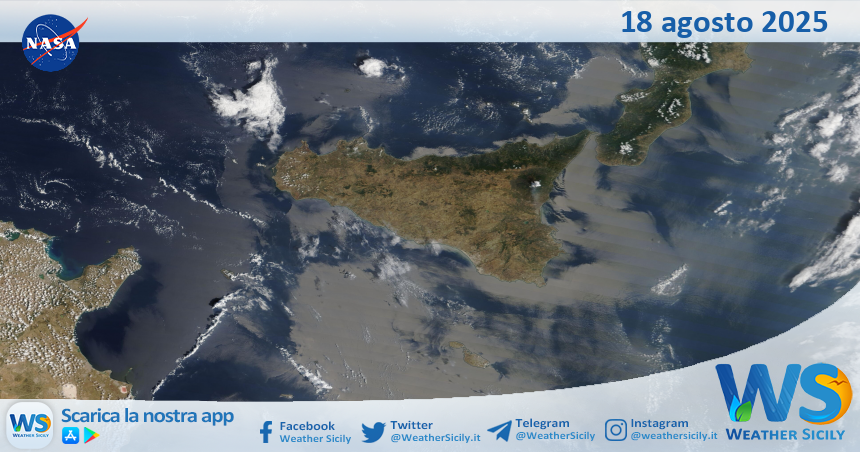 Meteo Sicilia: immagine satellitare Nasa di lunedì 18 agosto 2025