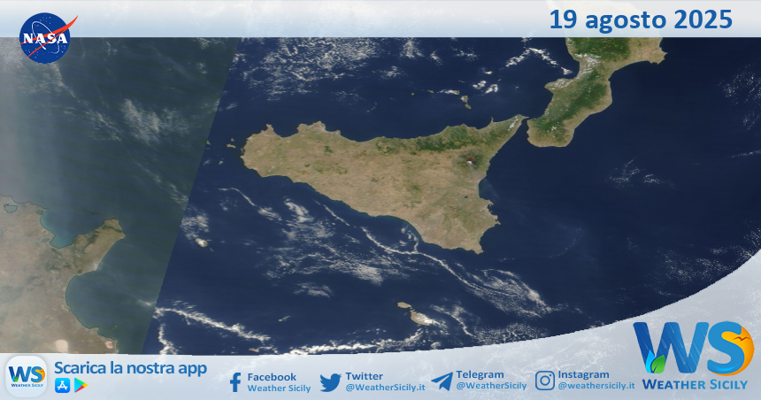 Meteo Sicilia: immagine satellitare Nasa di martedì 19 agosto 2025
