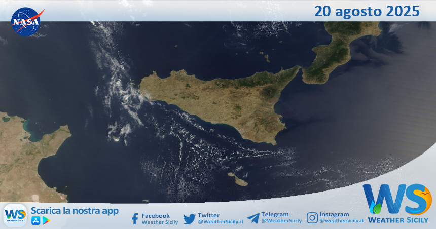 Meteo Sicilia: immagine satellitare Nasa di mercoledì 20 agosto 2025