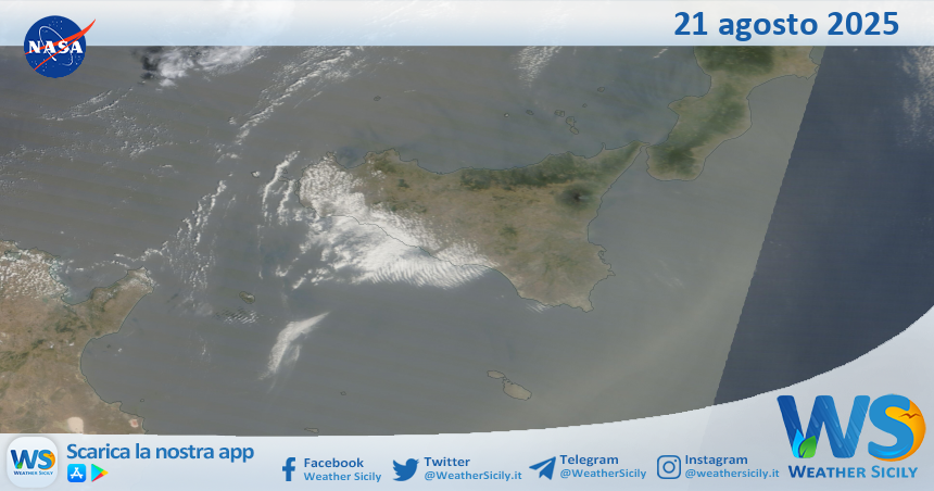 Meteo Sicilia: immagine satellitare Nasa di giovedì 21 agosto 2025