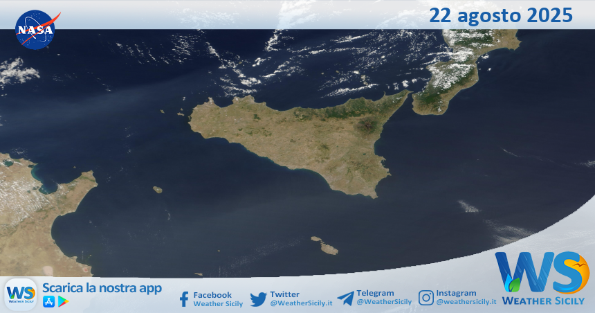 Meteo Sicilia: immagine satellitare Nasa di venerdì 22 agosto 2025